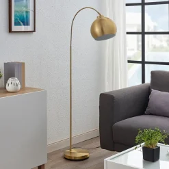 Lindby gebogen vloerlamp Moisia, messingkleurig, metaal, 148 cm