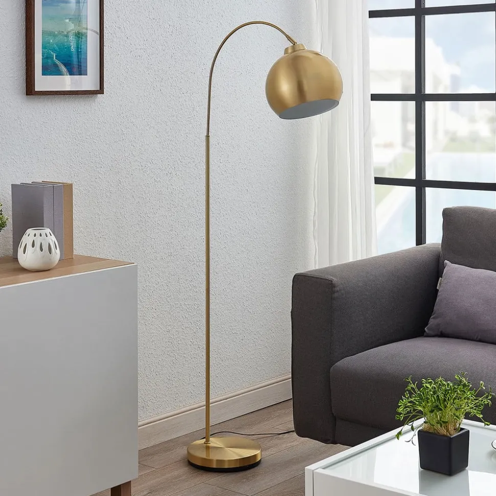 Lindby gebogen vloerlamp Moisia, messingkleurig, metaal, 148 cm