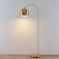 Lindby gebogen vloerlamp Moisia, messingkleurig, metaal, 148 cm