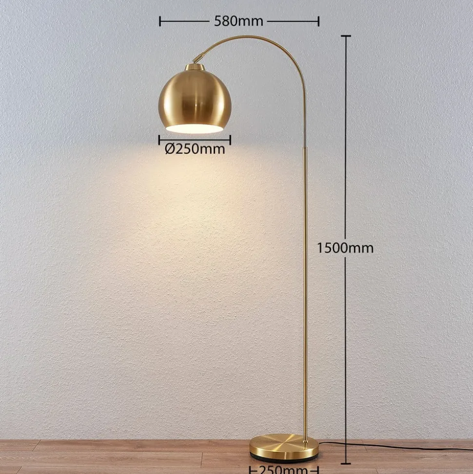 Lindby gebogen vloerlamp Moisia, messingkleurig, metaal, 148 cm