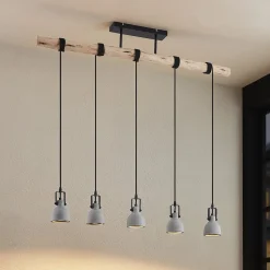 Lindby hanglamp Amilia, hout/beton, 5-lamps, 116 cm, GU10