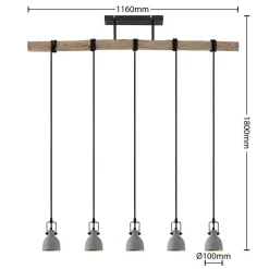 Lindby hanglamp Amilia, hout/beton, 5-lamps, 116 cm, GU10