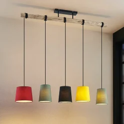 Lindby hanglamp Amilia, stof, 5-lamps, rood/grijs/geel, E27