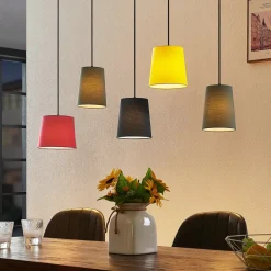 Lindby hanglamp Amilia, stof, 5-lamps, rood/grijs/geel, E27