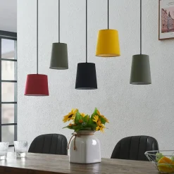 Lindby hanglamp Amilia, stof, 5-lamps, rood/grijs/geel, E27
