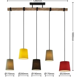 Lindby hanglamp Amilia, stof, 5-lamps, rood/grijs/geel, E27
