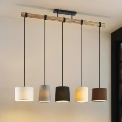 Lindby hanglamp Amilia, stof, 5-lamps, grijs/beige, E27