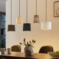 Lindby hanglamp Amilia, stof, 5-lamps, grijs/beige, E27