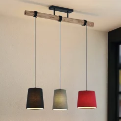 Lindby hanglamp Amilia, stof, 3-lamps, rood/grijs/zwart