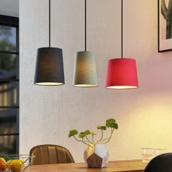 Lindby hanglamp Amilia, stof, 3-lamps, rood/grijs/zwart