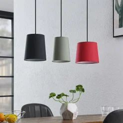 Lindby hanglamp Amilia, stof, 3-lamps, rood/grijs/zwart