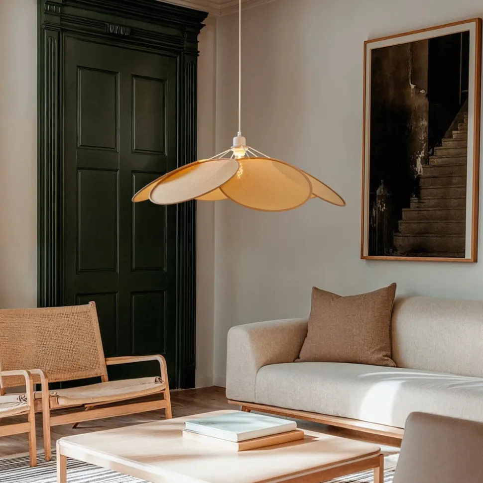 Lindby hanglamp Astraia, naturel/wit, rotan, Ø 80 cm