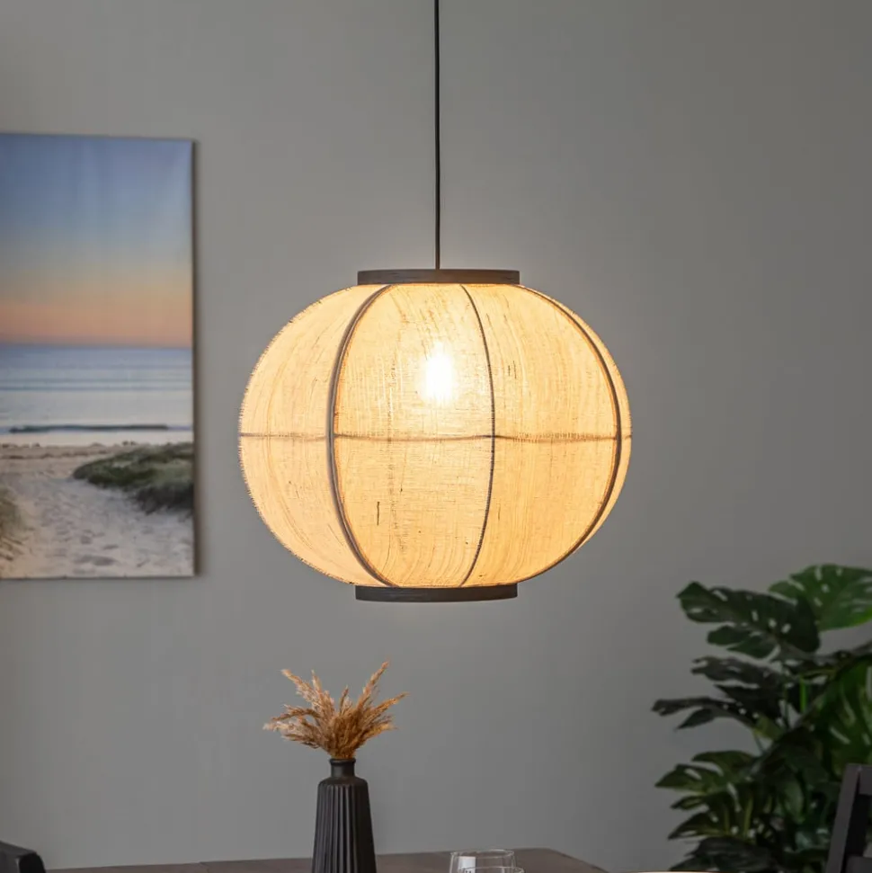 Lindby hanglamp Aurinil, houtkleurig, linnen, Ø 48cm, E27