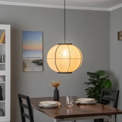 Lindby hanglamp Aurinil, houtkleurig, linnen, Ø 48cm, E27