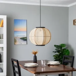 Lindby hanglamp Aurinil, houtkleurig, linnen, Ø 48cm, E27