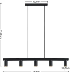 Lindby hanglamp Baliko, zwart, 116 cm, 5-lamps, GU10