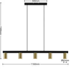 Lindby hanglamp Baliko, zwart/messing, 5-lamps, GU10