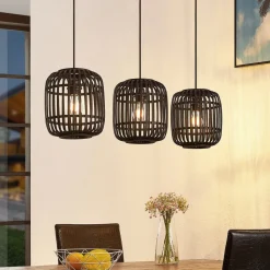 Lindby hanglamp Canyana, zwart, 3-lamps, rotan, 105 cm