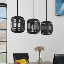 Lindby hanglamp Canyana, zwart, 3-lamps, rotan, 105 cm