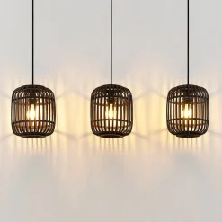 Lindby hanglamp Canyana, zwart, 3-lamps, rotan, 105 cm