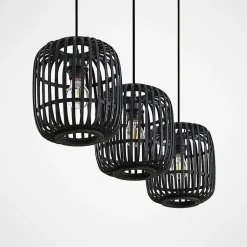 Lindby hanglamp Canyana, zwart, 3-lamps, rotan, 105 cm