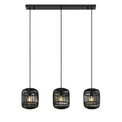 Lindby hanglamp Canyana, zwart, 3-lamps, rotan, 105 cm