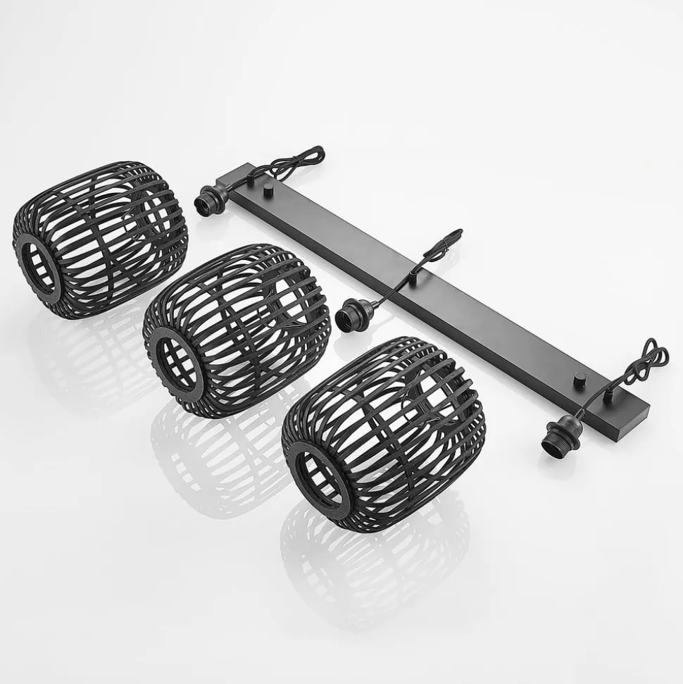 Lindby hanglamp Canyana, zwart, 3-lamps, rotan, 105 cm