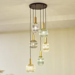 Lindby hanglamp Doroteo, 6-lamps, groen/amber/grijs, glas