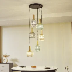 Lindby hanglamp Doroteo, 6-lamps, groen/amber/grijs, glas