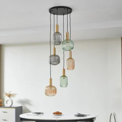 Lindby hanglamp Doroteo, 6-lamps, groen/amber/grijs, glas
