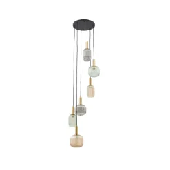 Lindby hanglamp Doroteo, 6-lamps, groen/amber/grijs, glas