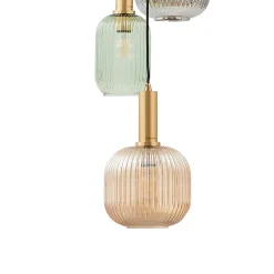 Lindby hanglamp Doroteo, 6-lamps, groen/amber/grijs, glas