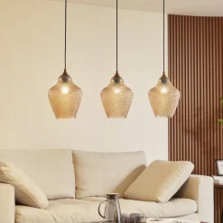 Lindby hanglamp Drakar, Ø 22 cm, 3-lamps, amber, glas