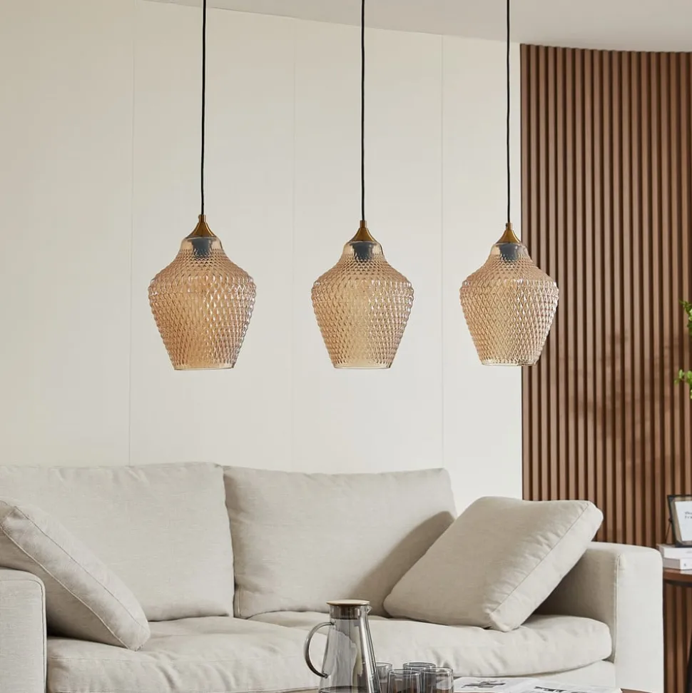 Lindby hanglamp Drakar, Ø 22 cm, 3-lamps, amber, glas