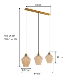 Lindby hanglamp Drakar, Ø 22 cm, 3-lamps, amber, glas
