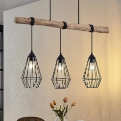 Lindby hanglamp Eldarion, 90 cm, 3-lamps, hout, E27