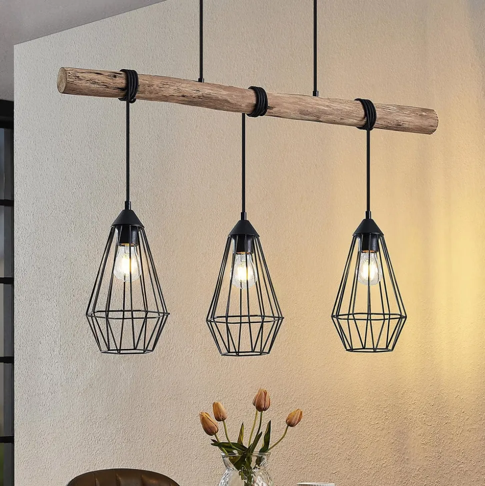 Lindby hanglamp Eldarion, 90 cm, 3-lamps, hout, E27