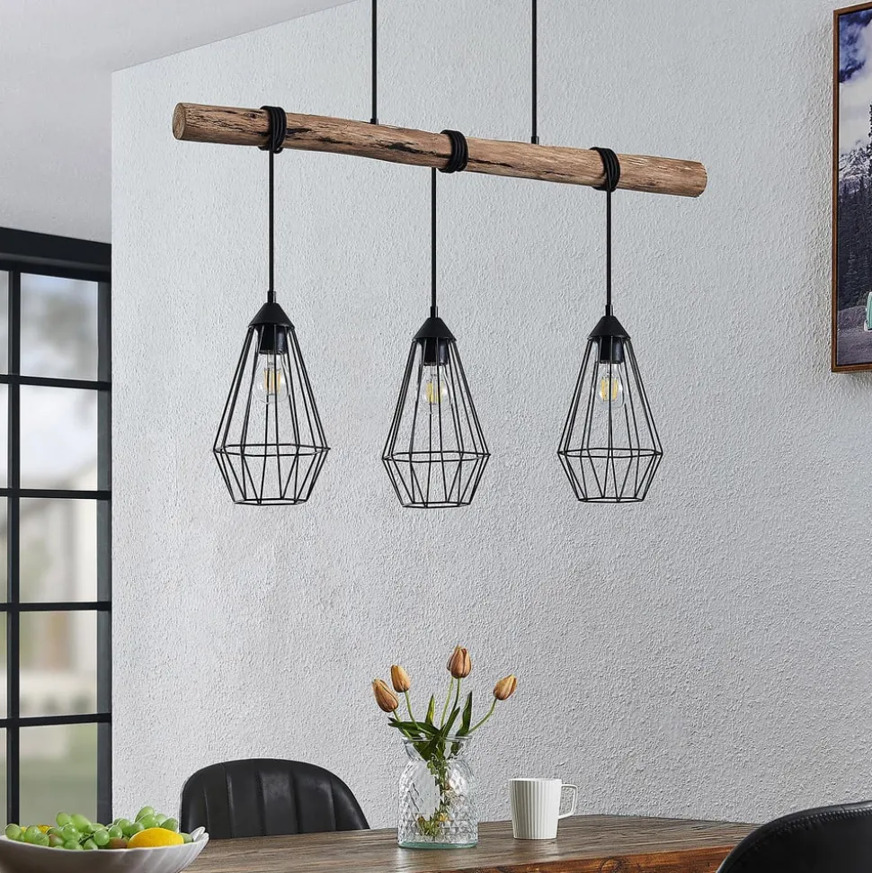 Lindby hanglamp Eldarion, 90 cm, 3-lamps, hout, E27