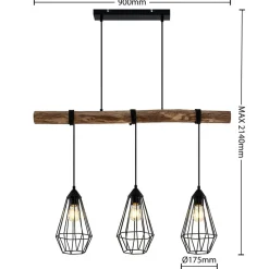 Lindby hanglamp Eldarion, 90 cm, 3-lamps, hout, E27