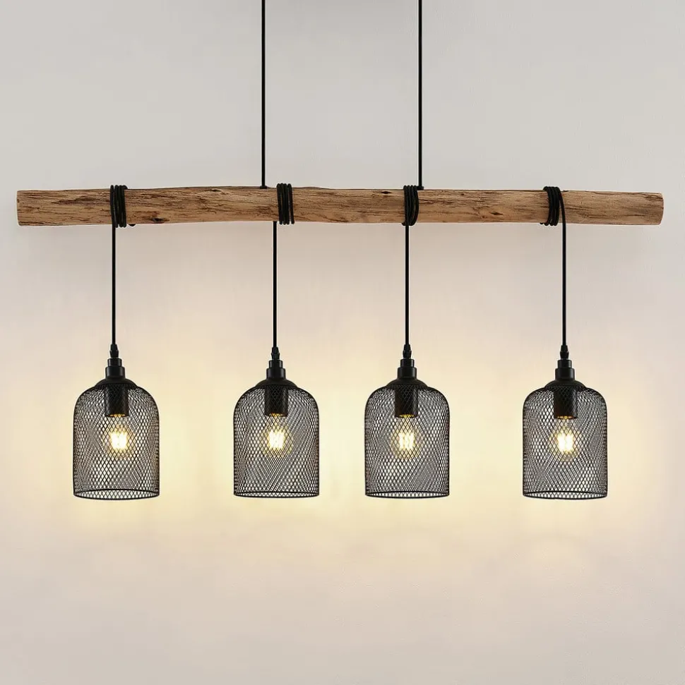 Lindby hanglamp Elrond, 116 cm, zwart, 4-lamps, hout