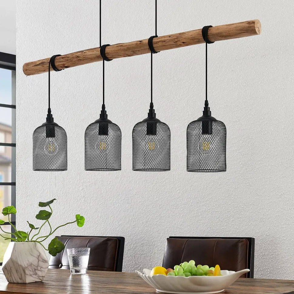 Lindby hanglamp Elrond, 116 cm, zwart, 4-lamps, hout