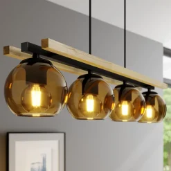 Lindby hanglamp Enrique, amber, 4-lamps, glas, hout, E27