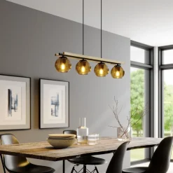 Lindby hanglamp Enrique, amber, 4-lamps, glas, hout, E27