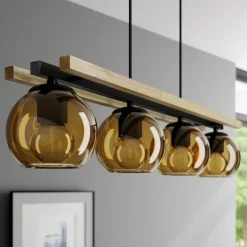 Lindby hanglamp Enrique, amber, 4-lamps, glas, hout, E27