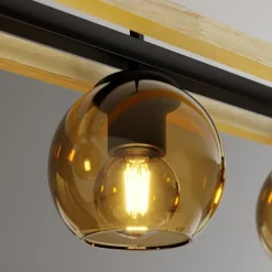 Lindby hanglamp Enrique, amber, 4-lamps, glas, hout, E27