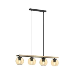 Lindby hanglamp Enrique, amber, 4-lamps, glas, hout, E27