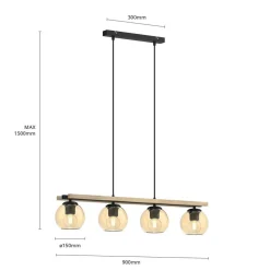 Lindby hanglamp Enrique, amber, 4-lamps, glas, hout, E27