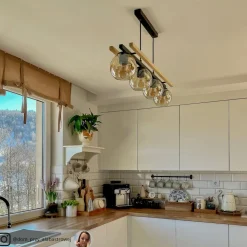 Lindby hanglamp Enrique, amber, 4-lamps, glas, hout, E27