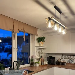 Lindby hanglamp Enrique, amber, 4-lamps, glas, hout, E27