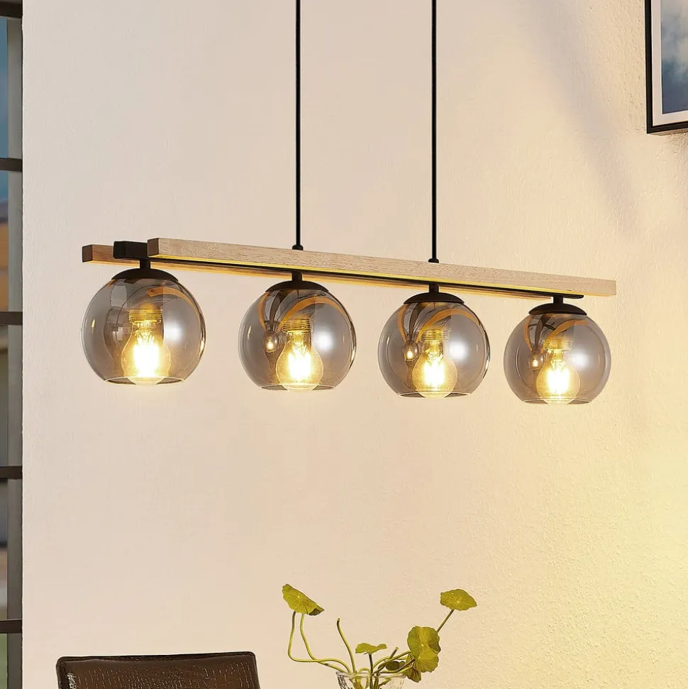 Lindby hanglamp Enrique, smoke, 4-lamps, glas, hout, E27